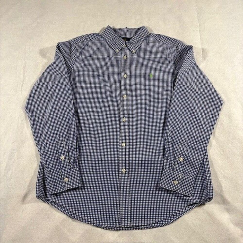Ralph Lauren Boys XL 18-20 Blue Gingham Button Down Long Sleeve Shirt Pony Logo